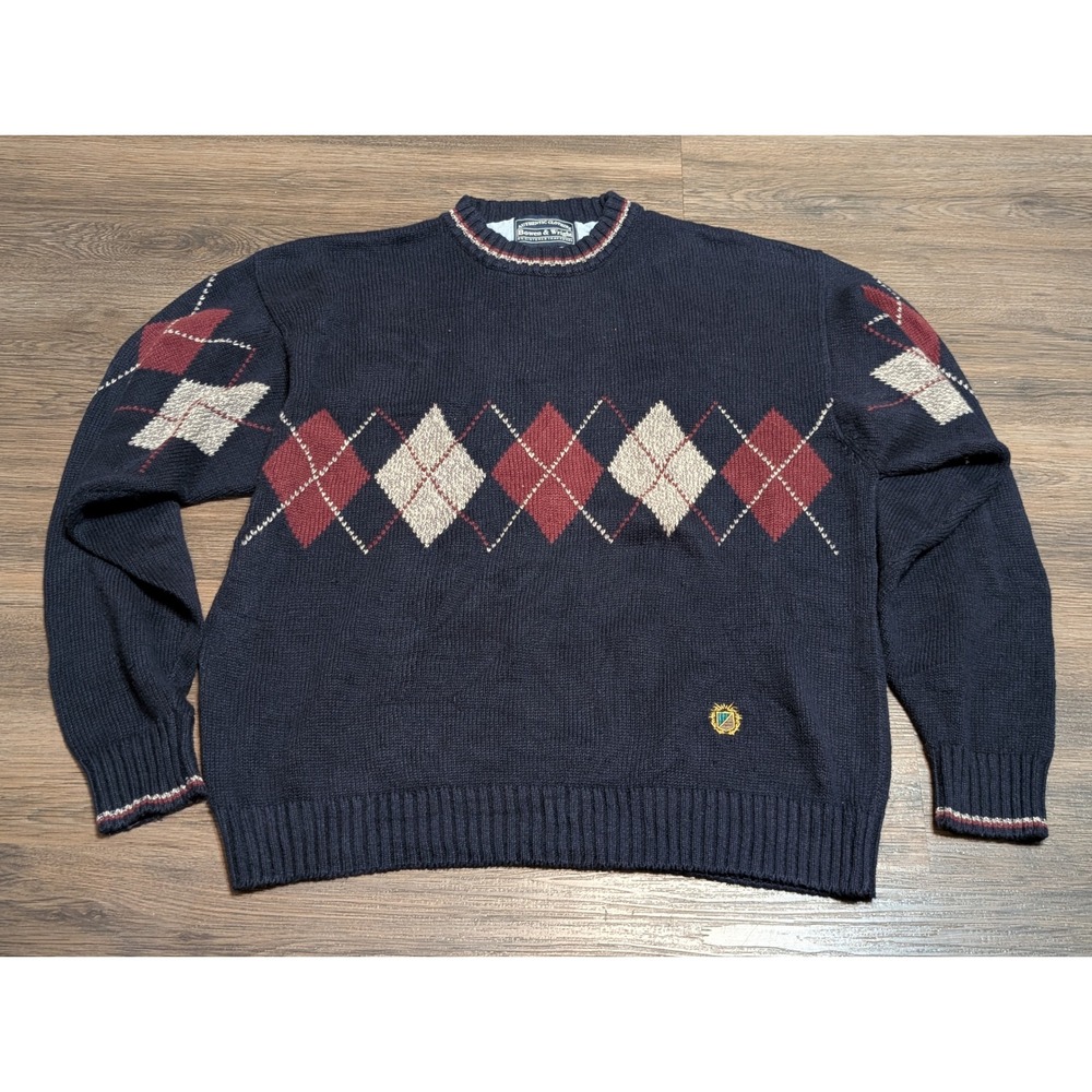 Bowen & Wright Mens Argyle Sweater‎ Navy Blue Burgundy Cotton Blend Size M